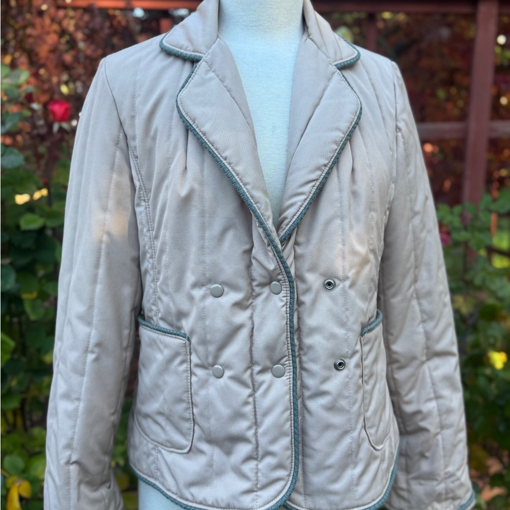 Vintage Quilted Double-Breasted Jacket - Tan w/green piping